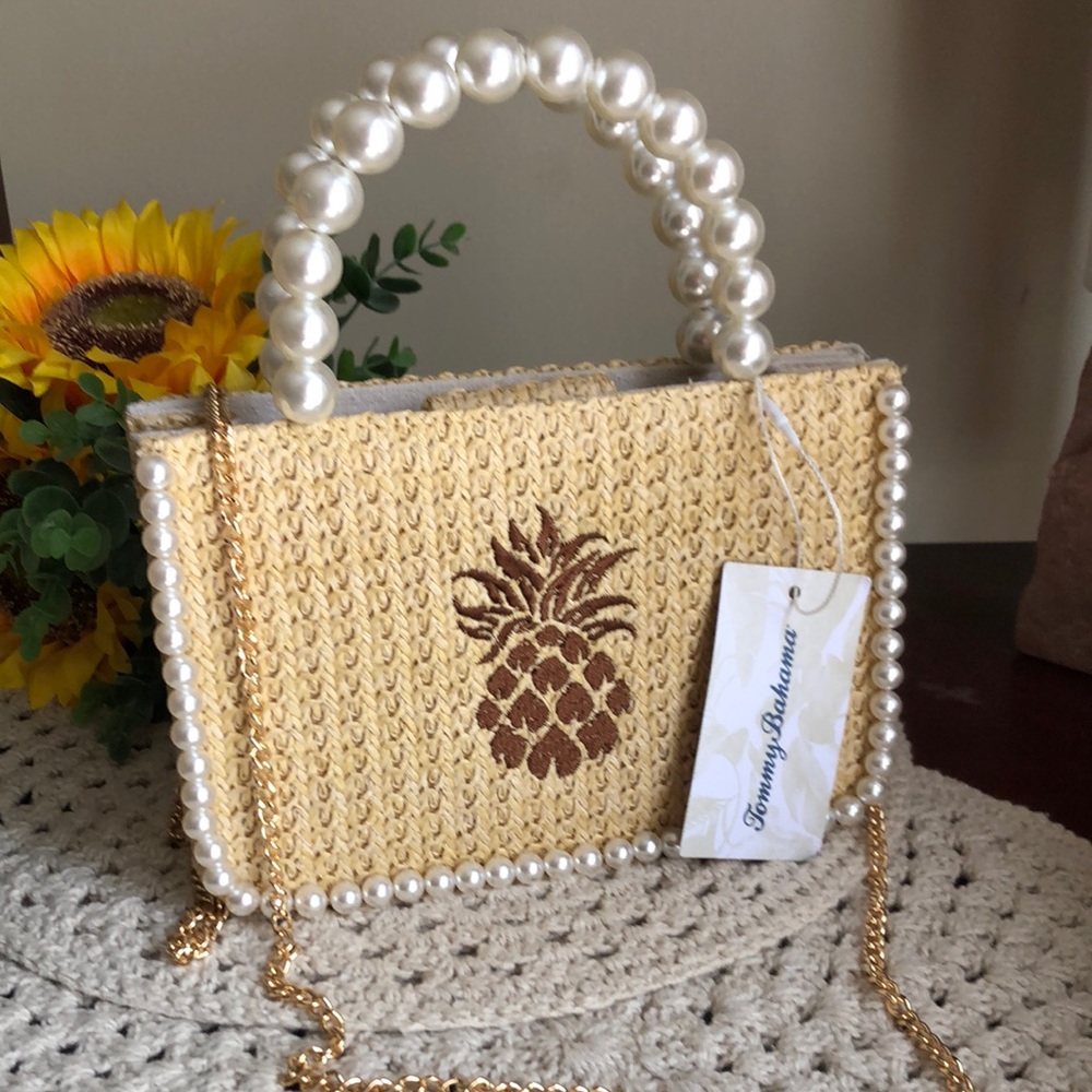 Tommy Bahama Pearl-Handle Straw Mini Bag with Brown Pineapple Motif